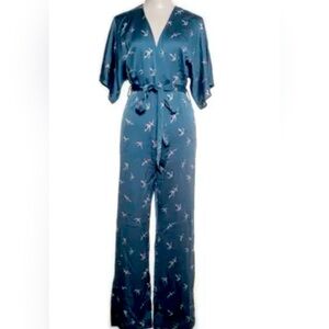 NWT Garota Blue Teal Crane Print Wide Leg Jumpsuit Medium Resortwear